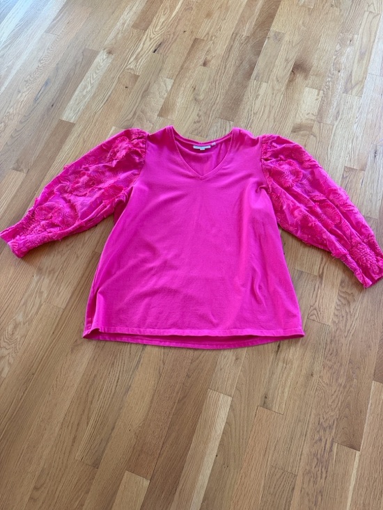 Chico's Tops - Chico's Hot Pink V-Neck Top with Lace Puff Sleeves